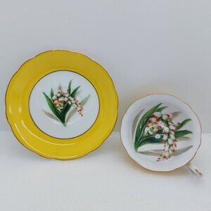 Vintage Tea Cup And Saucer Occupied Japan Yellow With Hand Painted Floral